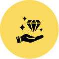 A hand holding a shining diamond with sparkles on a yellow circle.