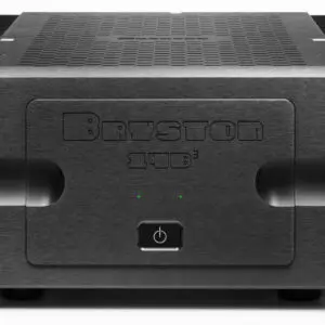 Black Bryston audio amplifier with power button.