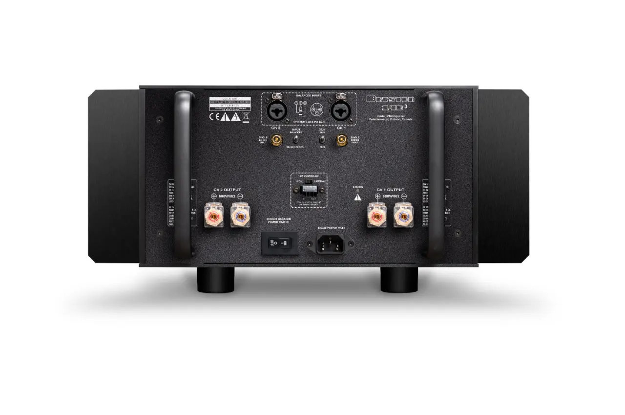 Rear panel of an audio amplifier with various input and output connectors.
