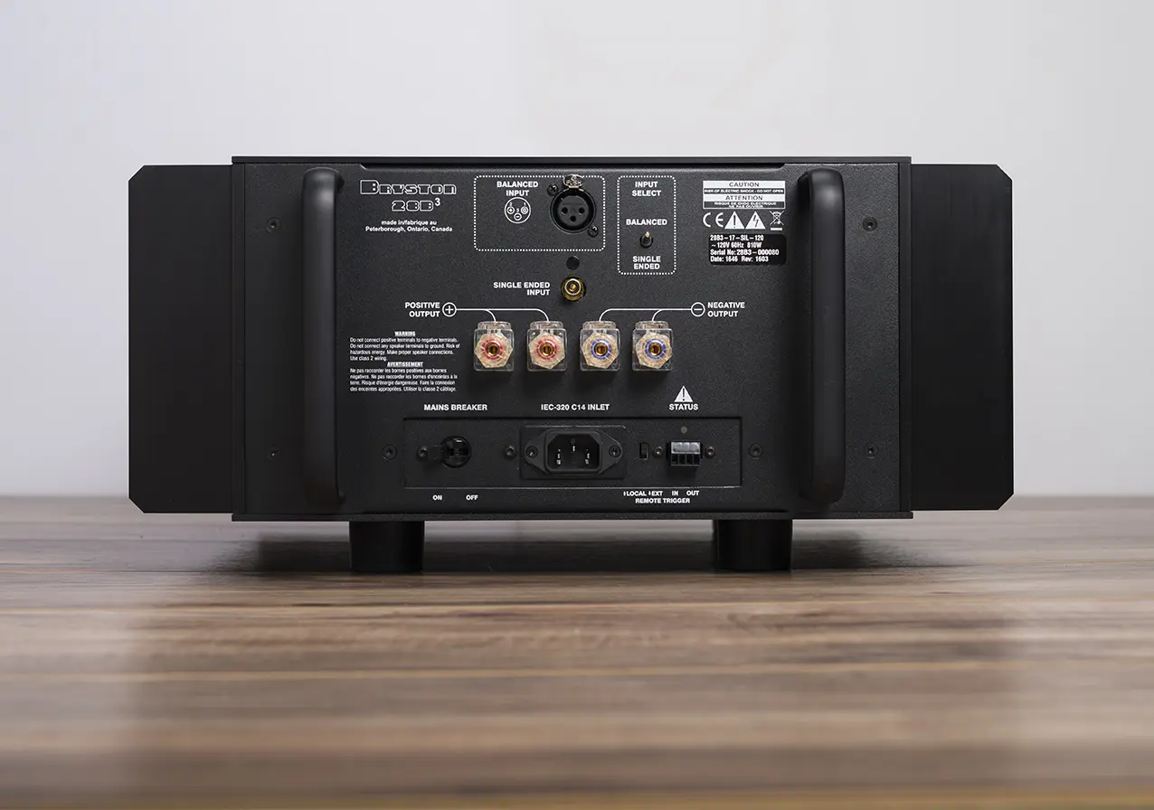 Rear panel of a black audio amplifier with various input and output ports.