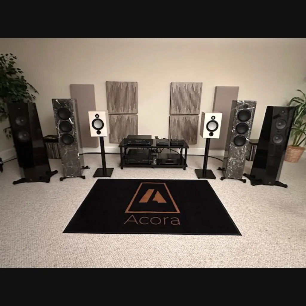 A high-end audio setup with speakers and acoustic panels in a listening room.