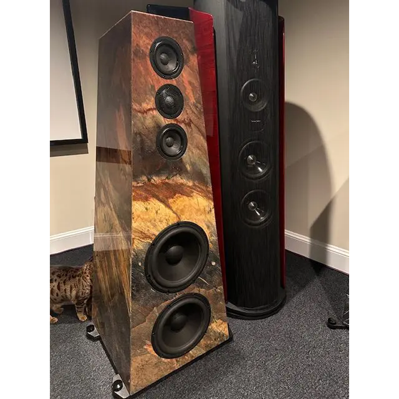 Tall wooden floor-standing speaker with multiple drivers.