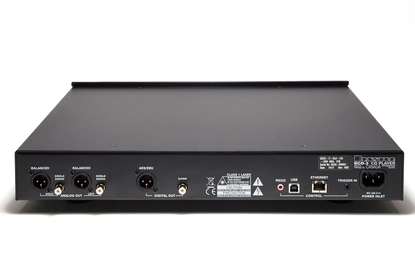 Rear panel of a professional audio device with various input and output connectors.
