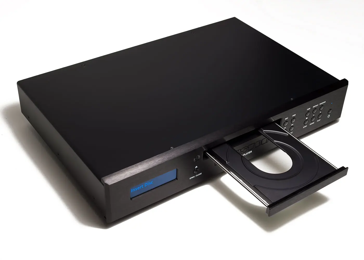 A sleek black external DVD drive with an open tray.