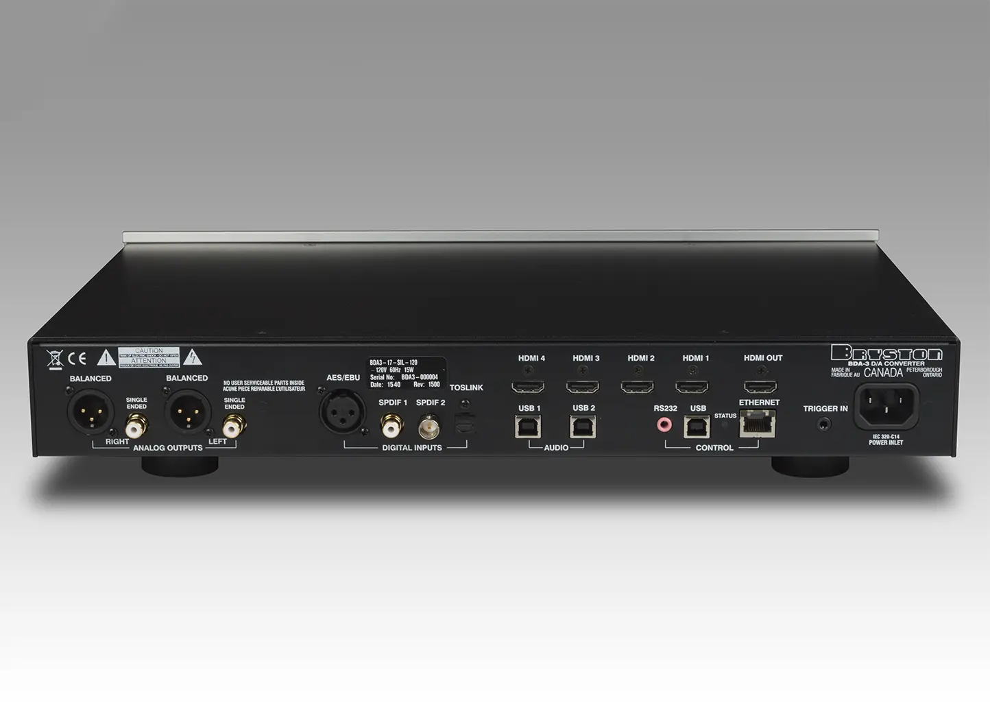 Rear panel of a professional audio interface with various input and output ports.