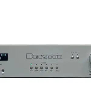 A sleek silver audio amplifier with control knobs and a digital display.