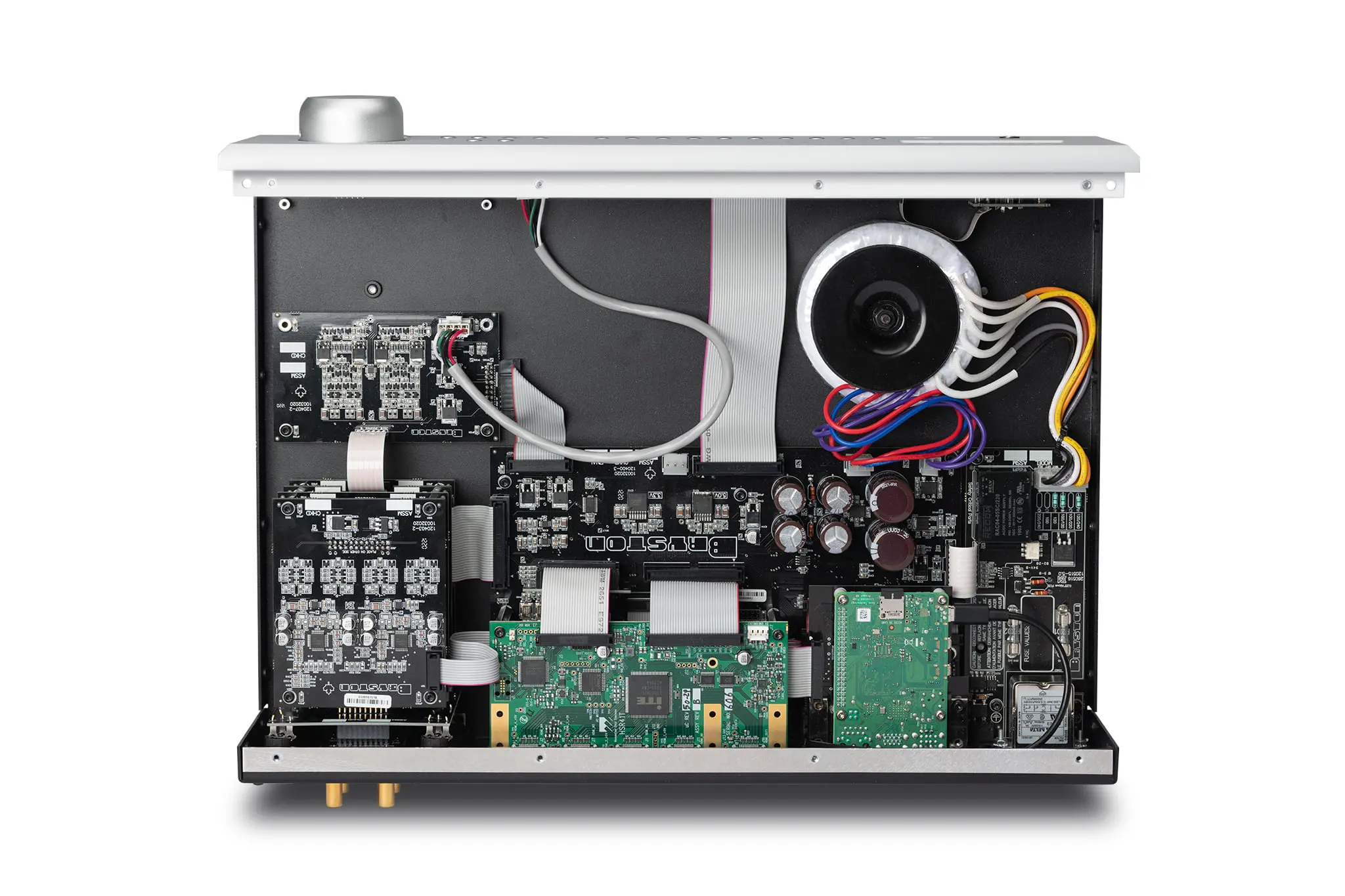 Inside view of an electronic audio device showing circuit boards and components.