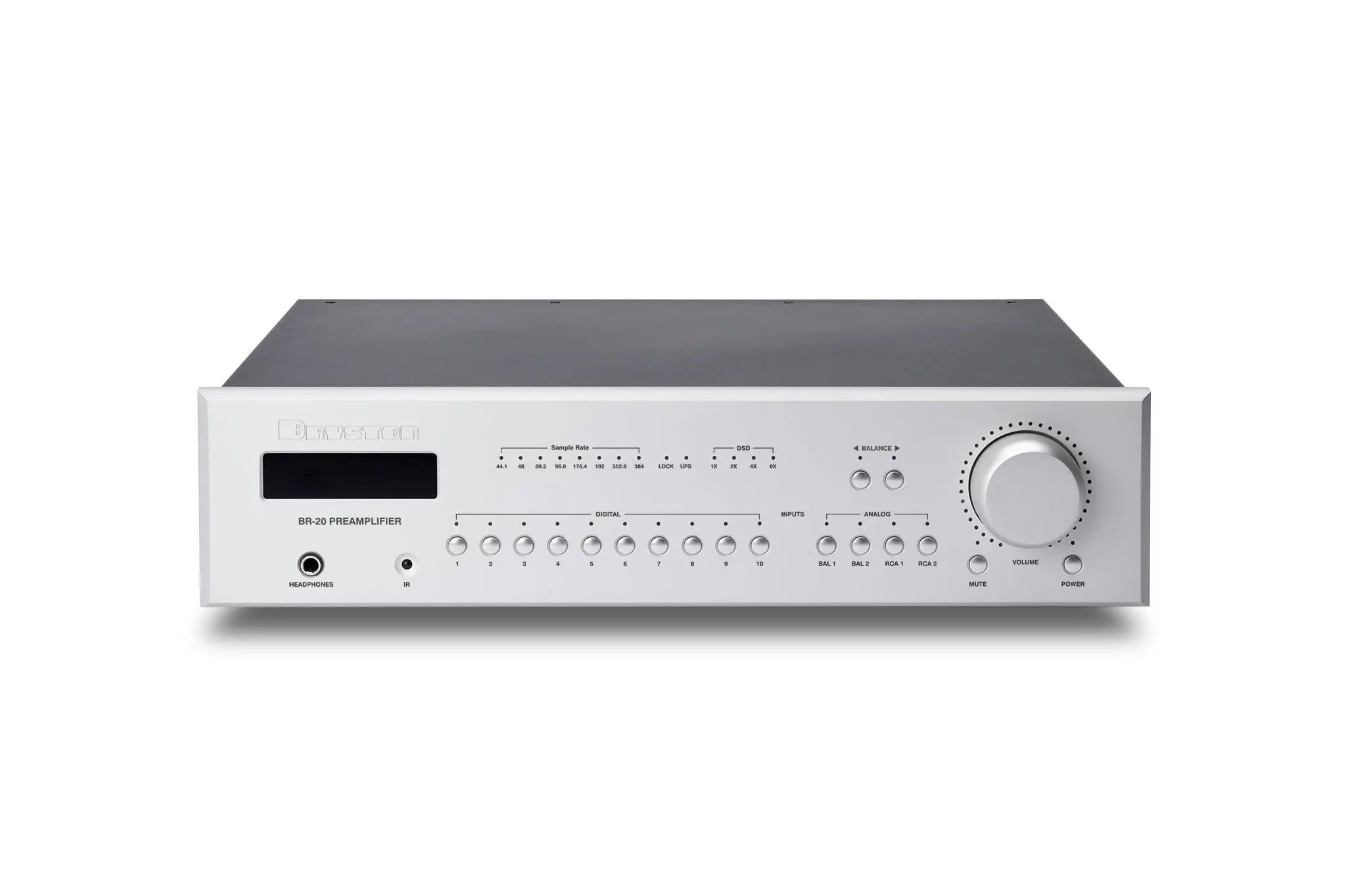 Silver stereo receiver with multiple buttons and a volume knob.