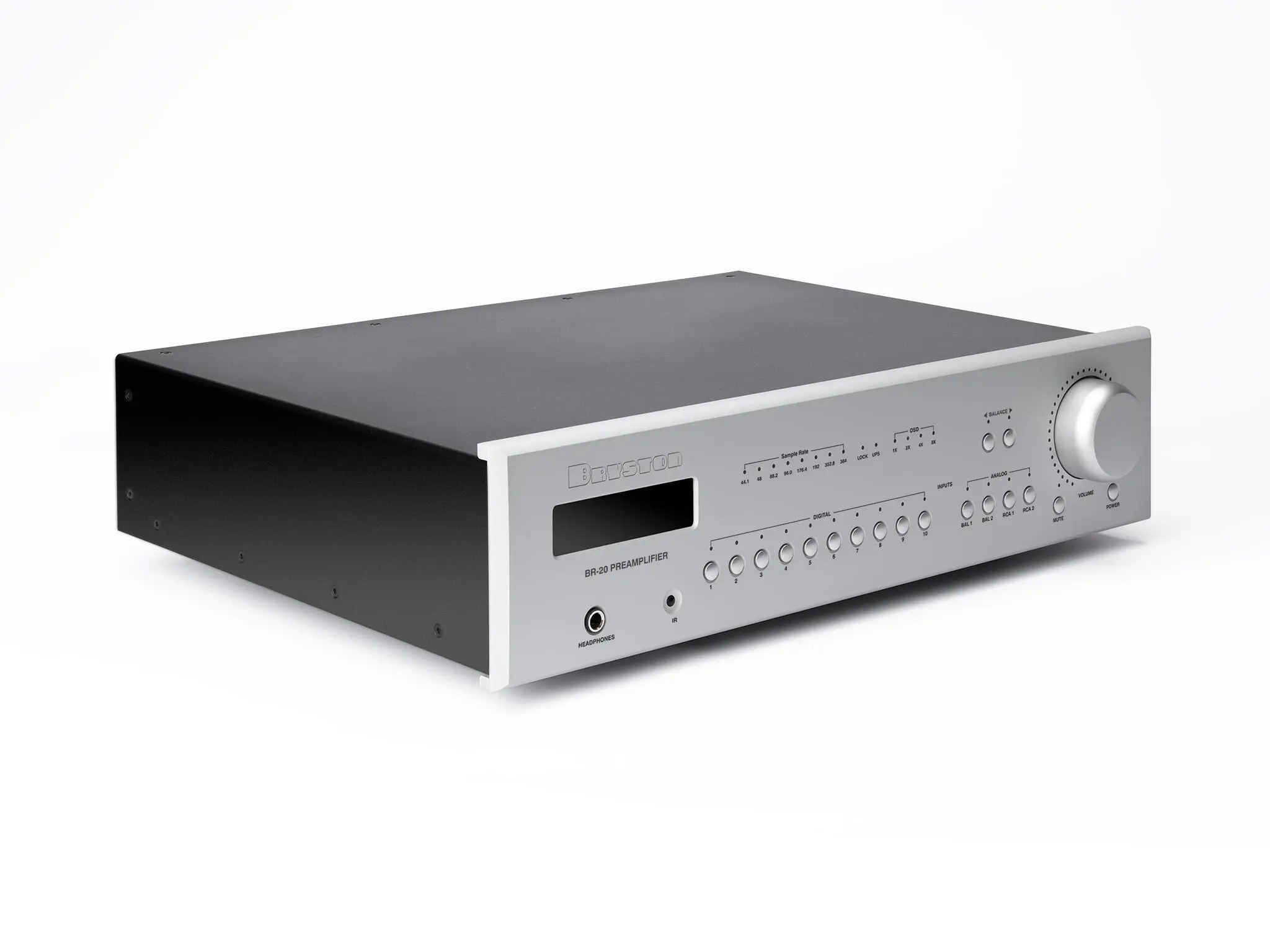 Sleek silver audio receiver with display and control knobs.