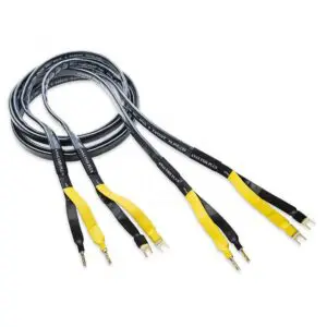 A pair of black and yellow audio cables with banana plugs on each end.