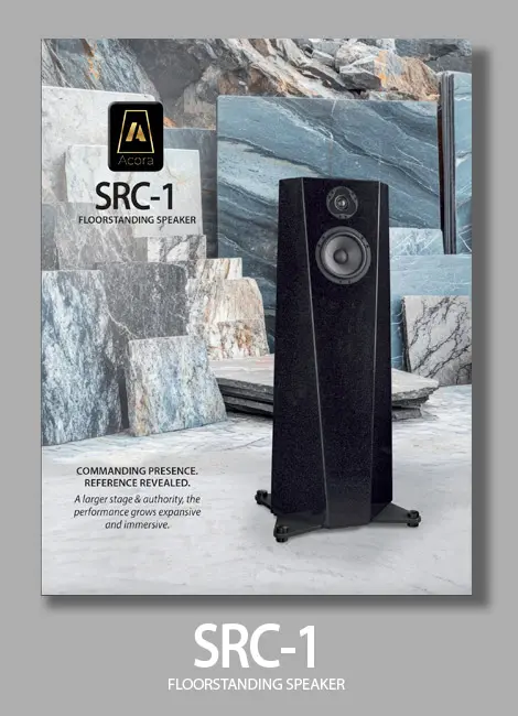 SRC-1 high-fidelity speaker with wooden finish on marble surface.