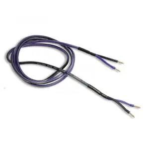 A pair of black electrical wires with stripped ends.