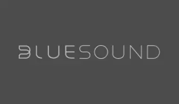 Minimalistic logo with the word 'BLUESOUND' on a dark background.