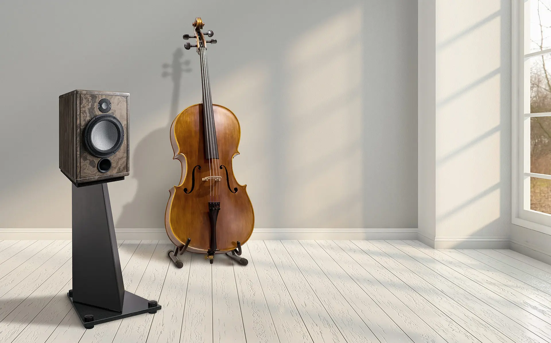 A cello stands in a sunlit, minimalistic room with wooden floors and soft shadows.