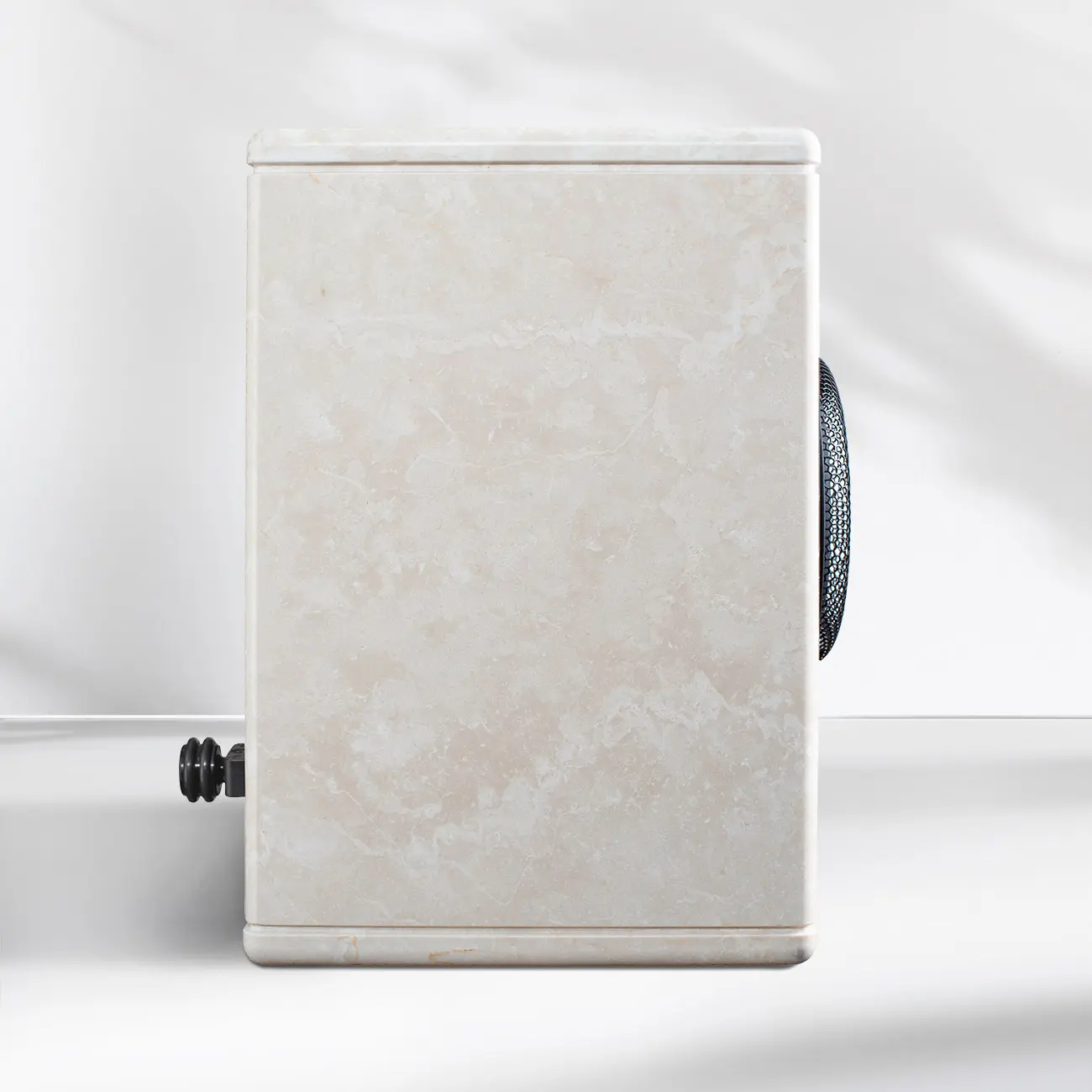 Side view of a vintage projector with a textured white casing.