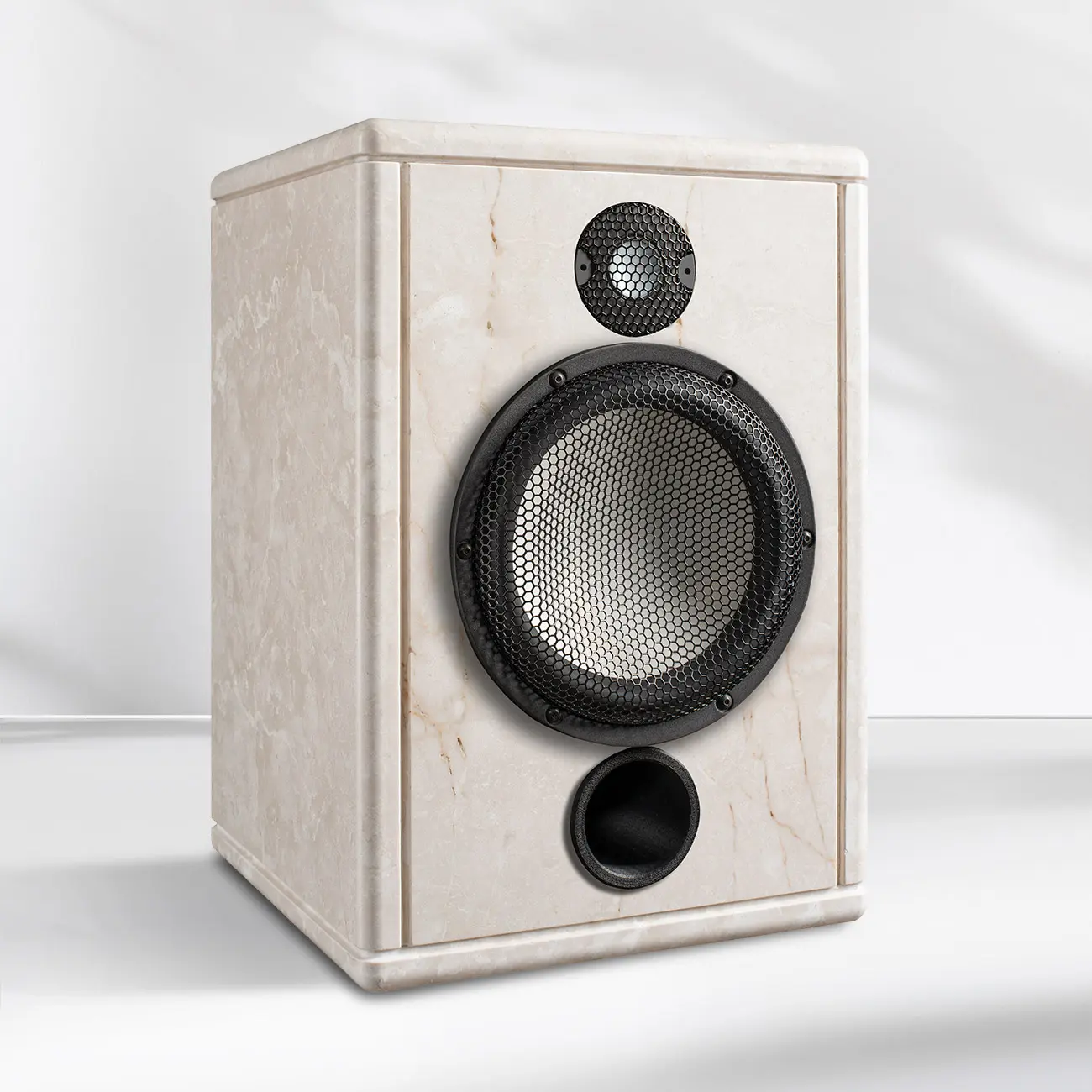 Compact speaker with a beige textured finish and dual drivers.