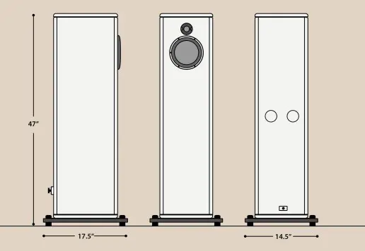 Diagram of a tall speaker with dimensions labeled.