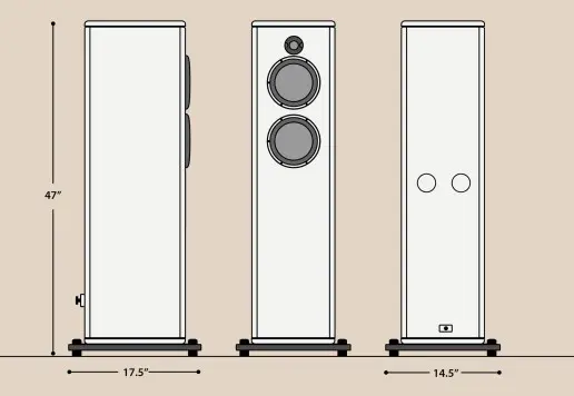 Front and side views of a tall speaker with dimensions.