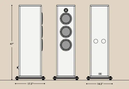 Front and side views of a tall, white floor-standing speaker with three drivers.