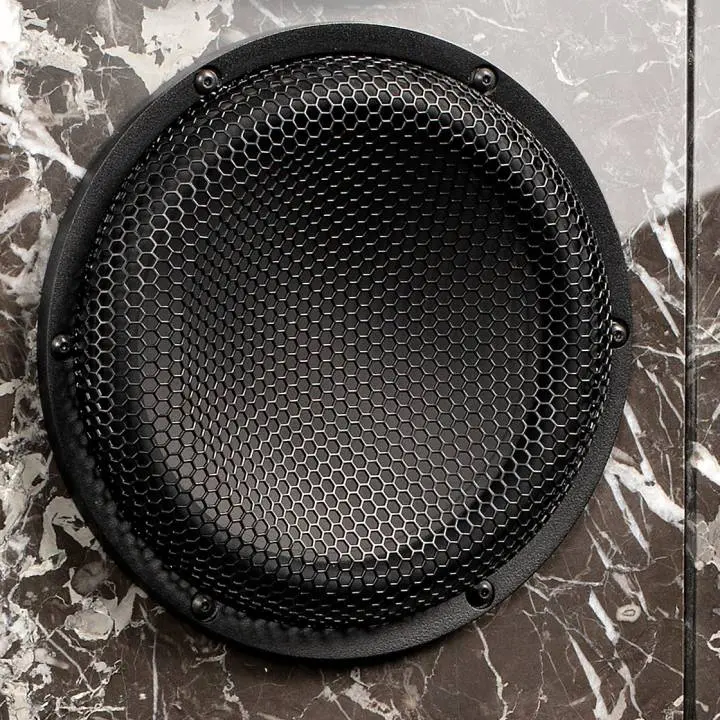 Close-up of a black speaker cone on a marble surface.