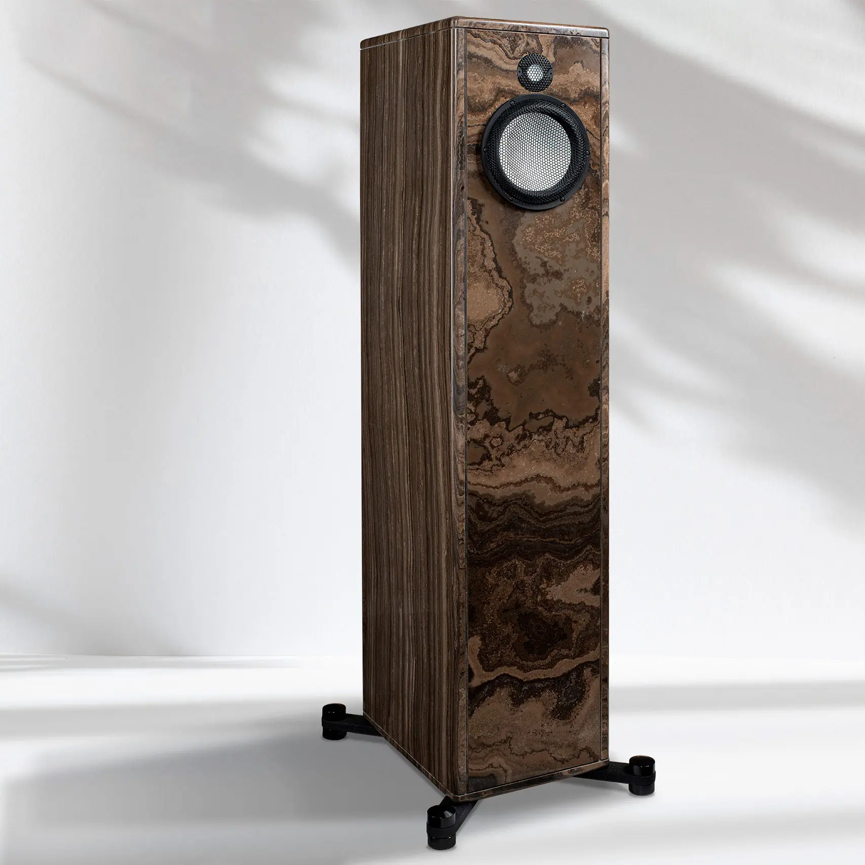 Elegant wooden floor-standing speaker with a single driver and sleek design.