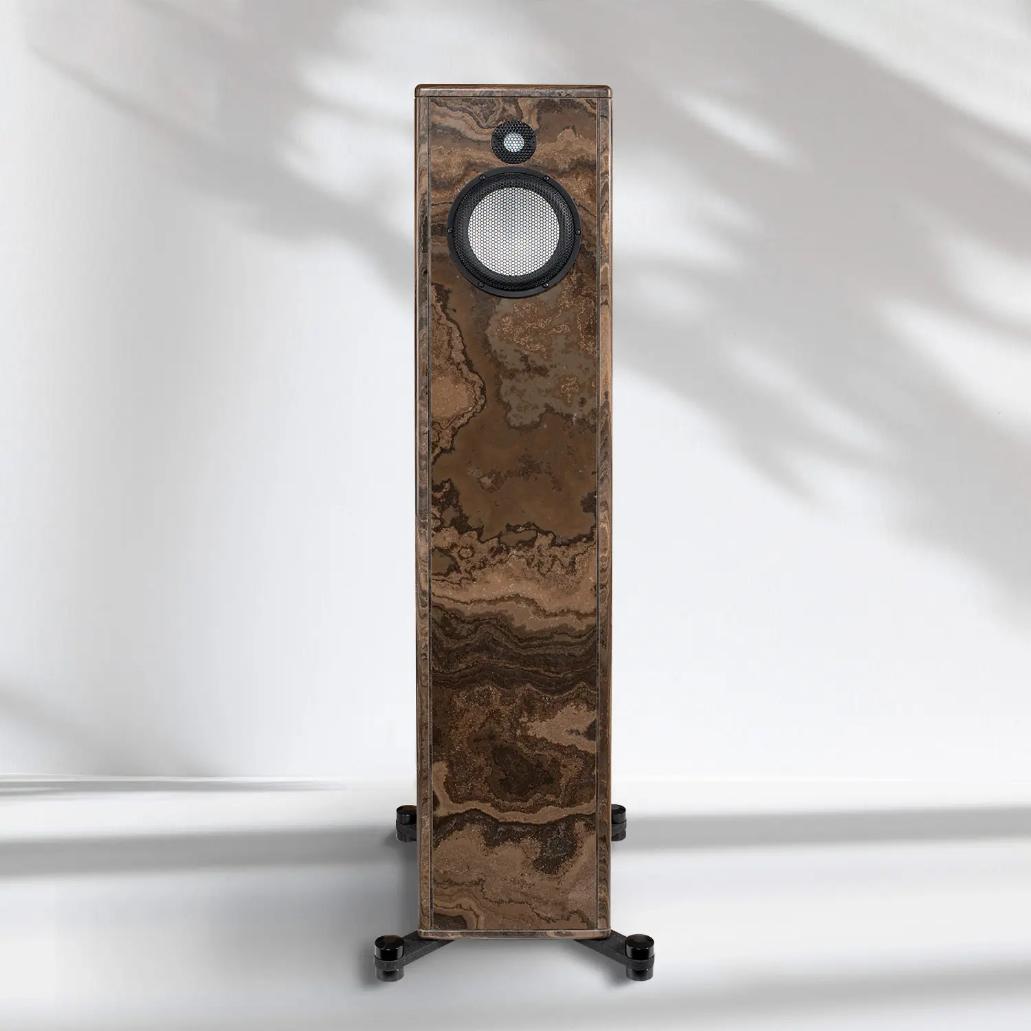 Tall wooden speaker with a vintage design and a circular speaker grille.