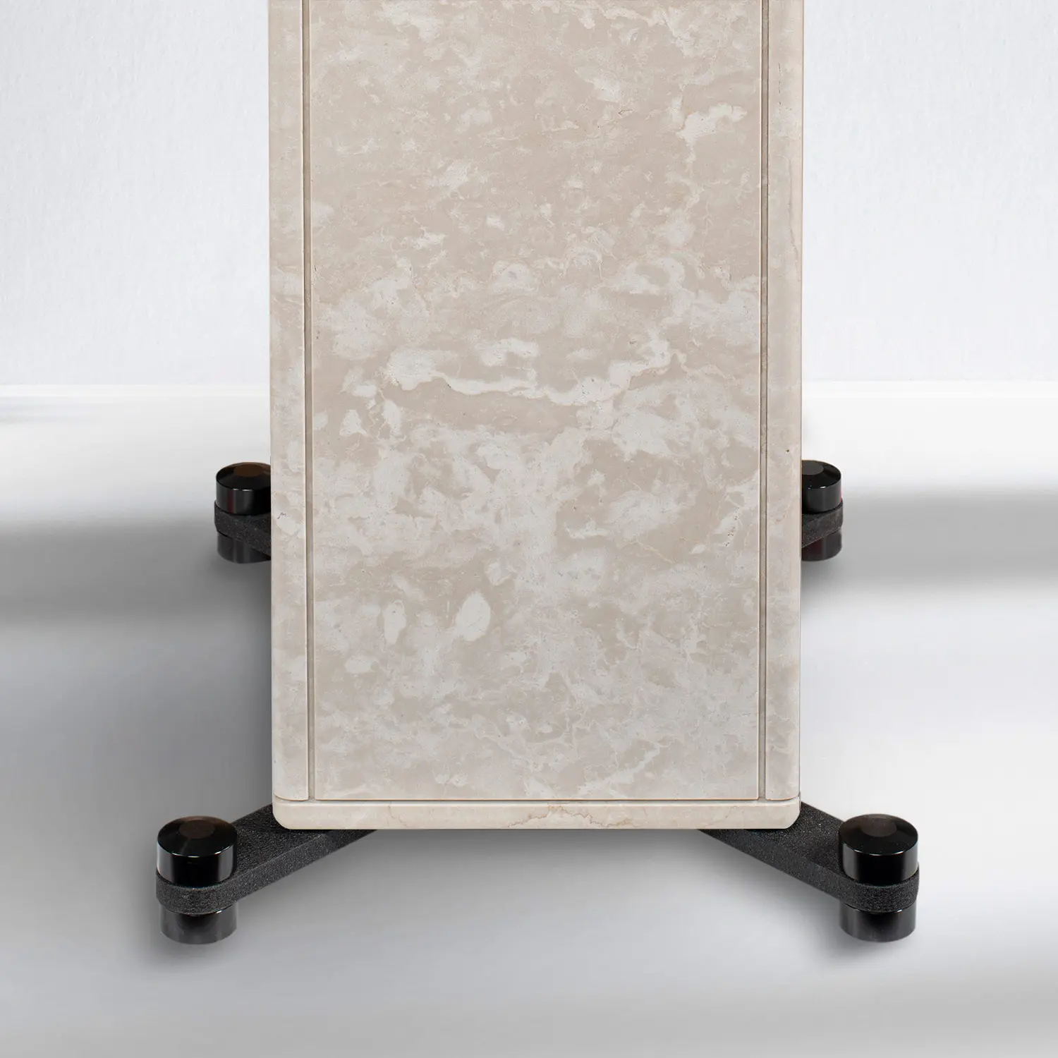 Rectangular beige marble tabletop on a black wheeled base.