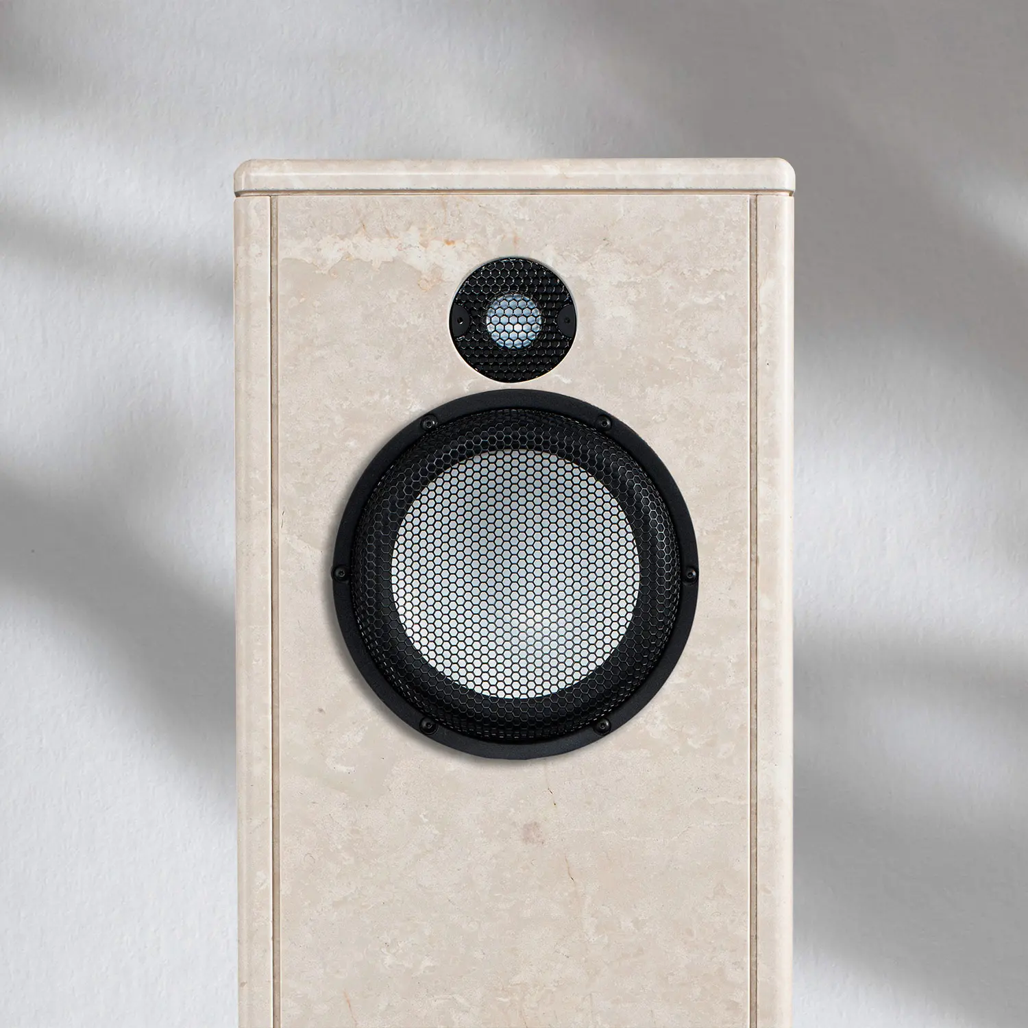 Minimalist beige speaker with black drivers on a white background.