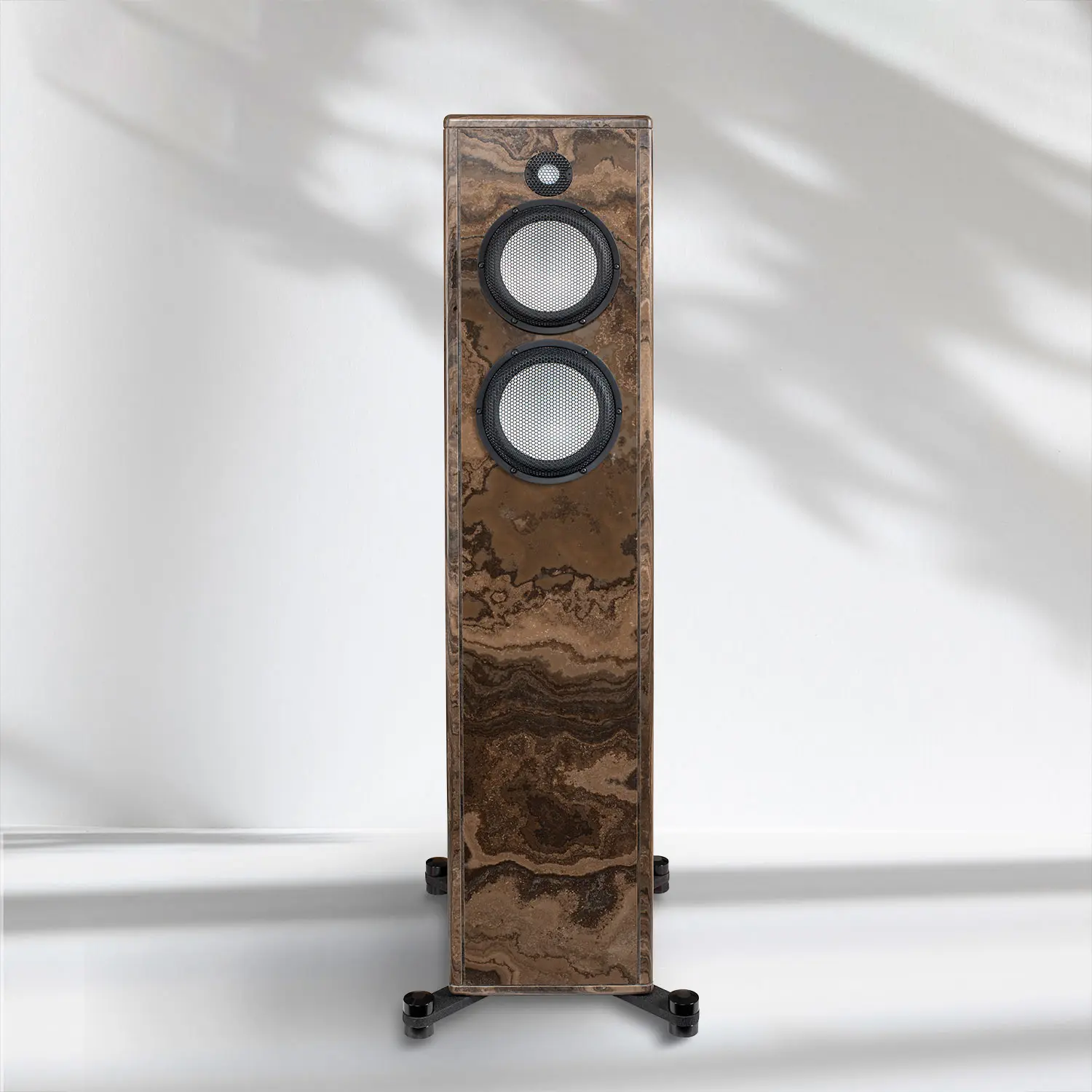 Elegant wooden floor-standing speaker with dual drivers and sleek design.
