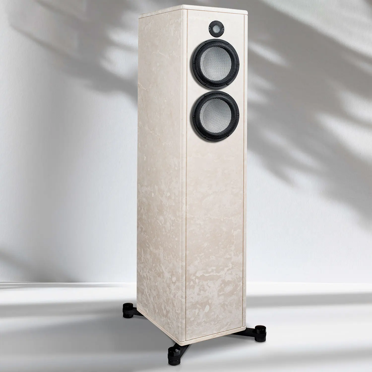 Tall, beige floor-standing speaker with three drivers and black stand.