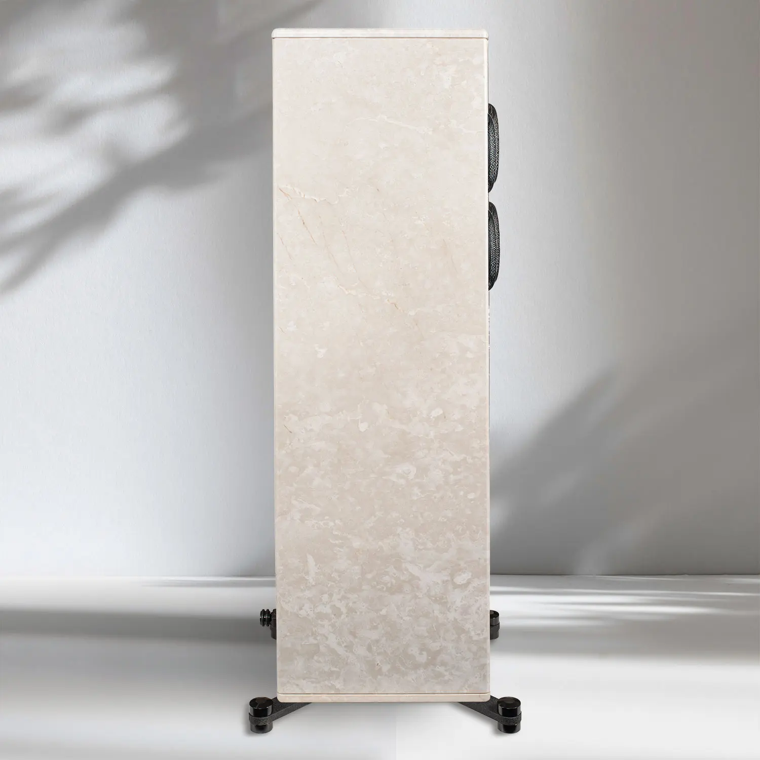 Tall, slim beige storage cabinet on wheels with a textured finish.