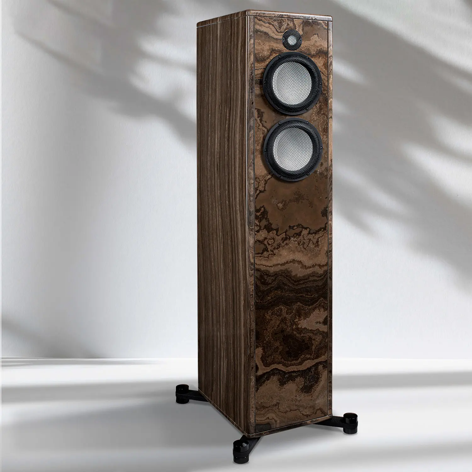 Elegant wooden floor-standing speaker with dual drivers.