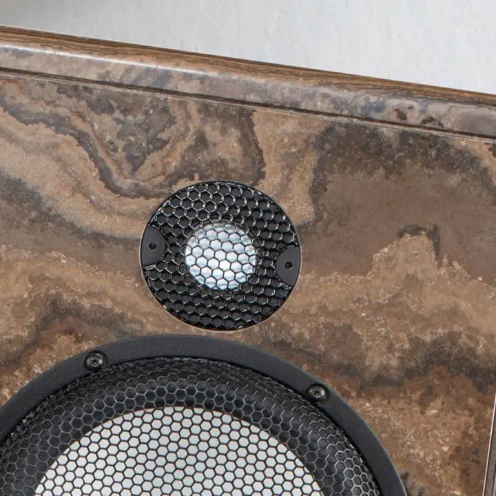 Close-up of a wooden speaker with a mesh-covered tweeter and woofer.