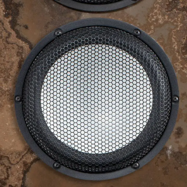 Close-up of a round speaker with a mesh grille.