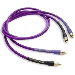 Purple audio cables with gold-plated connectors.