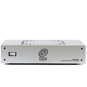 Silver-colored audio equipment with a power switch and logo.
