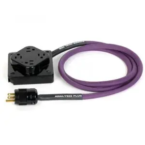 A purple high-end power cable with a black plug and connector.