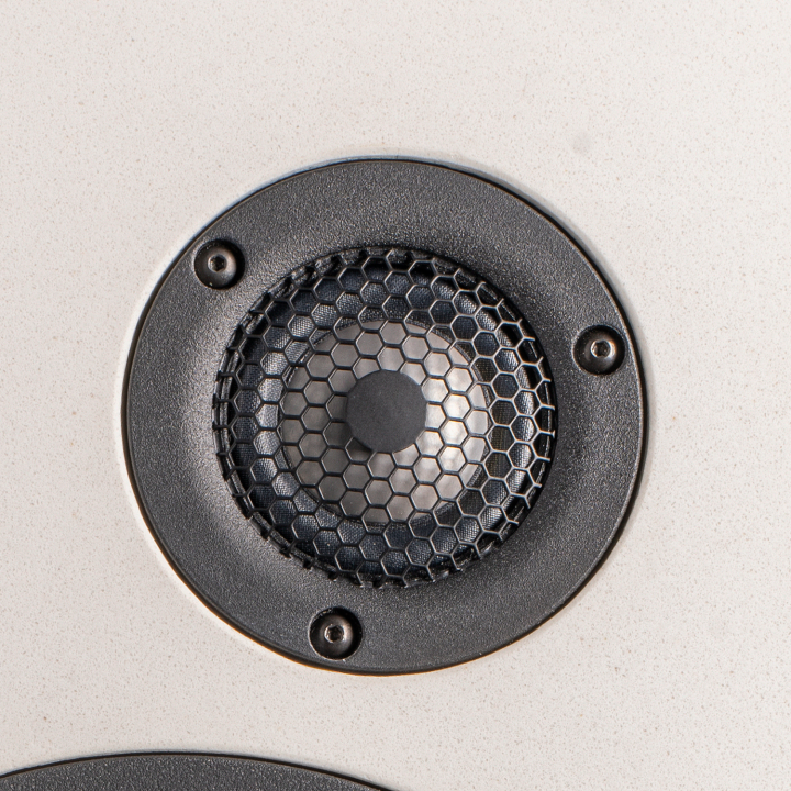 Close-up of a speaker tweeter with a honeycomb grille.