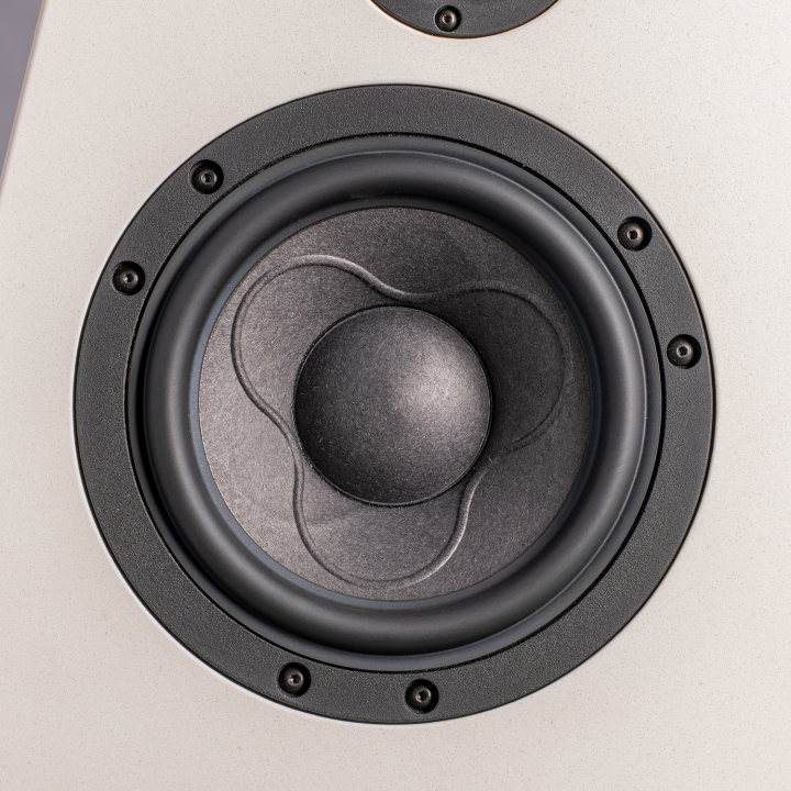 Close-up of a black speaker cone on a white background.