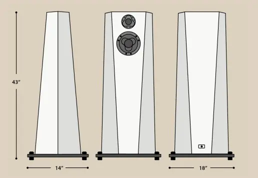 Three white tower speakers with black drivers and spikes at the base.