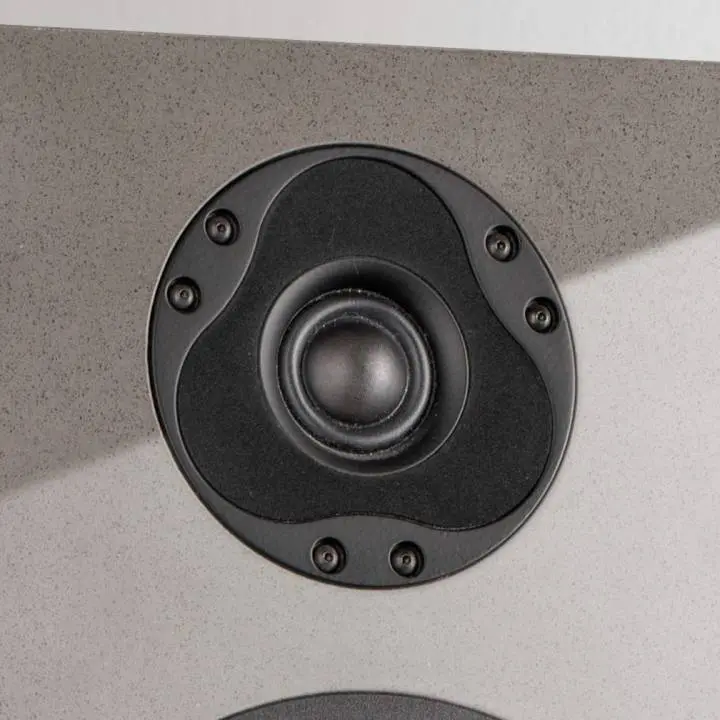 Close-up of a black speaker tweeter on a gray surface.
