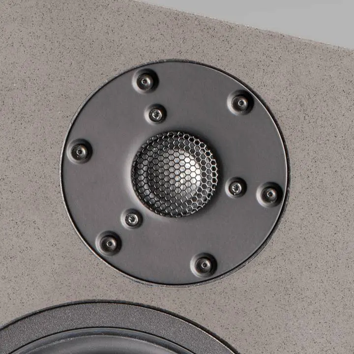 Close-up of a speaker's tweeter and surrounding screws on a gray surface.