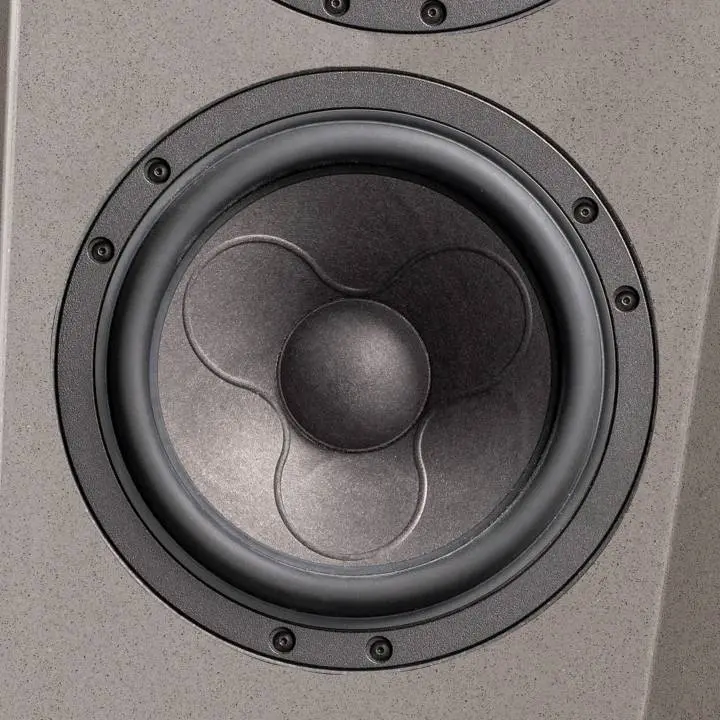 Close-up of a speaker cone with a textured diaphragm.