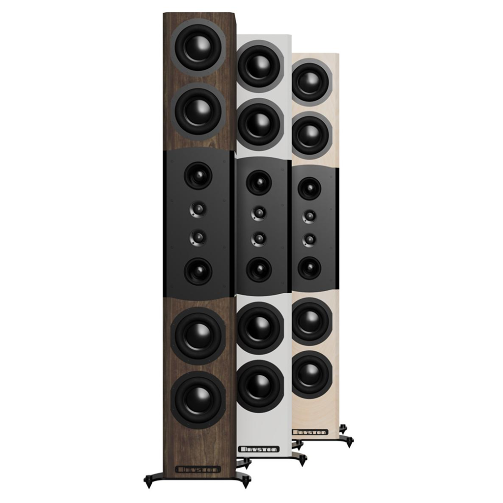 Three tall speaker towers in different finishes and designs.