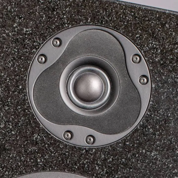 Close-up of a metallic speaker driver on a textured surface.