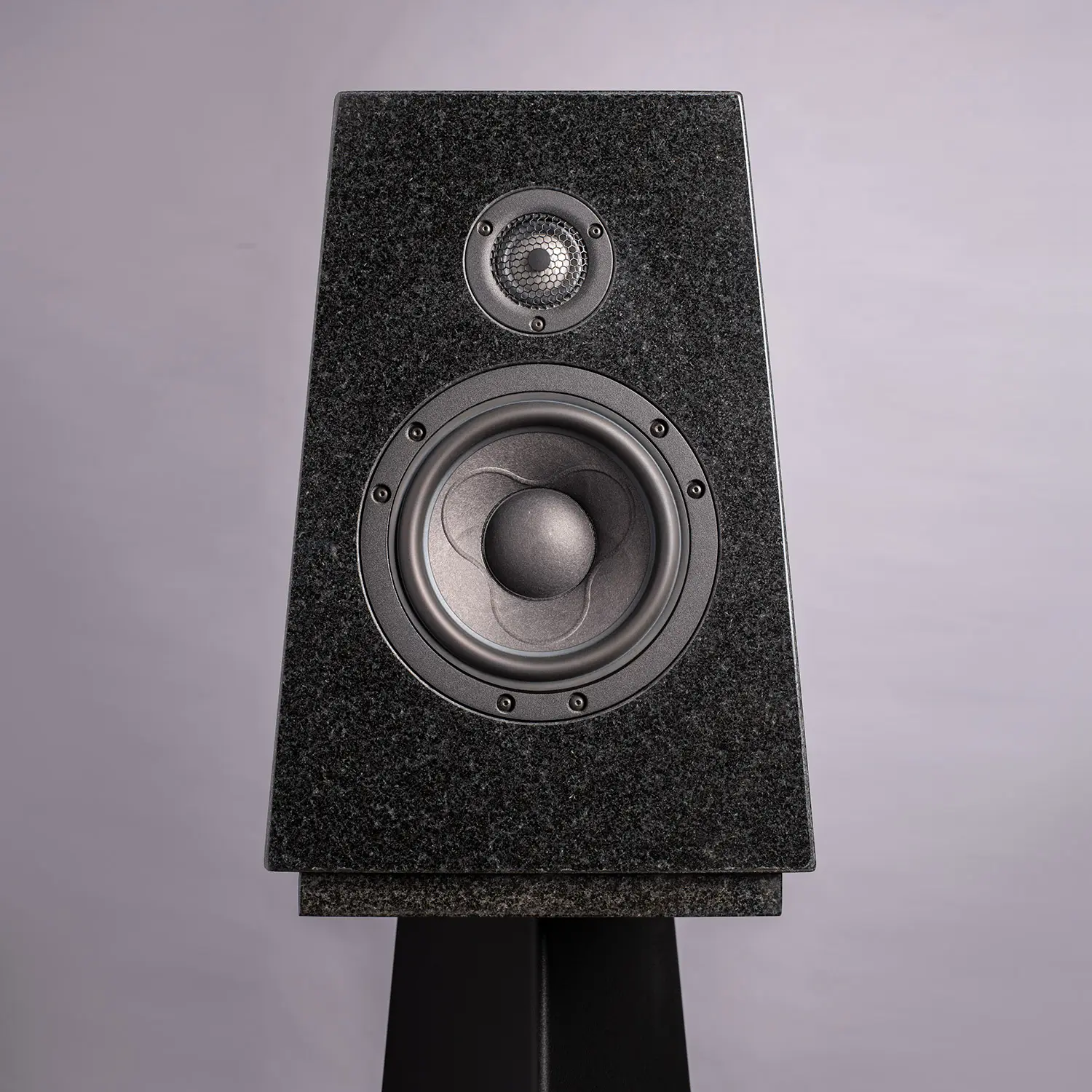 Close-up of a black bookshelf speaker on a stand against a plain background.