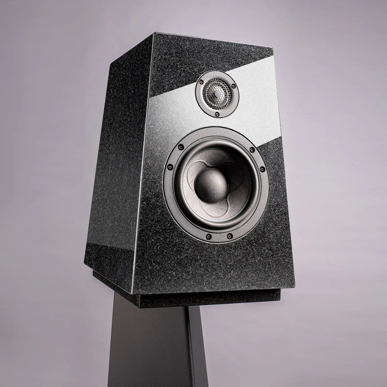 Modern black and silver speaker on a stand against a plain background.