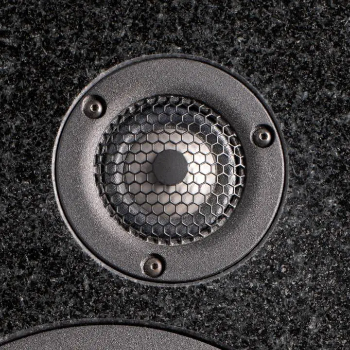 Close-up of a speaker tweeter with a honeycomb diaphragm.