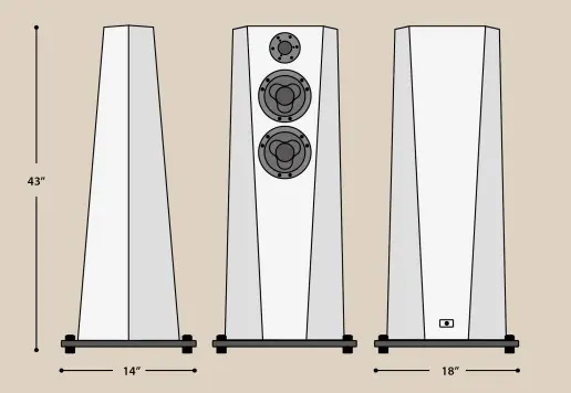 Three white tower speakers with dimensions 14" width, 44" height, and 18" depth.
