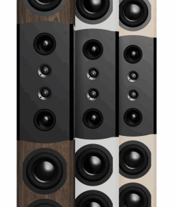 A pair of modern floor-standing speakers in black and beige.